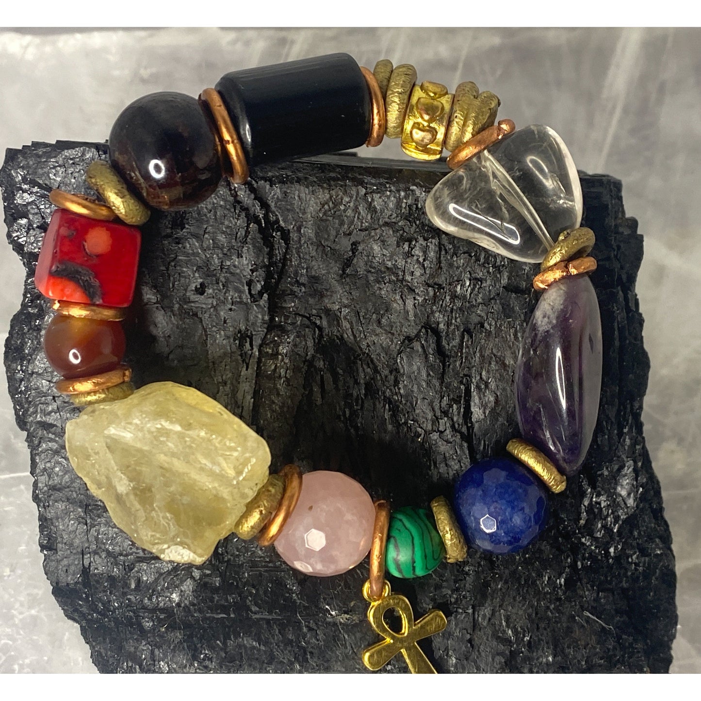 10 Gemstone Chakra Alignment Stretchy Bracelet with Copper and Ankh Charm