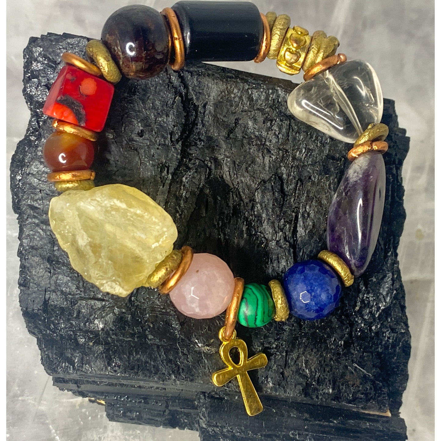 10 Gemstone Chakra Alignment Stretchy Bracelet with Copper and Ankh Charm