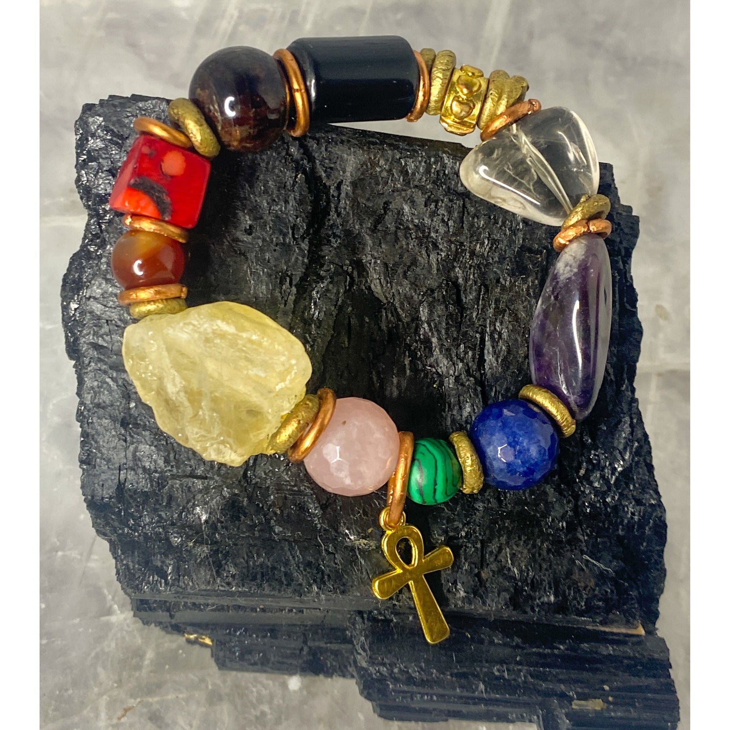 10 Gemstone Chakra Alignment Stretchy Bracelet with Copper and Ankh Charm