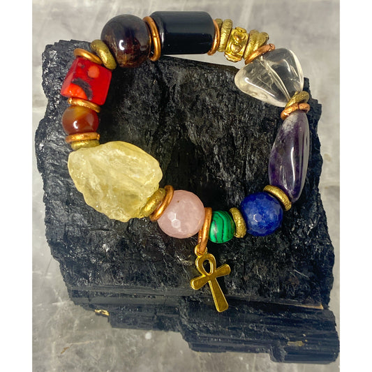 10 Gemstone Chakra Alignment Stretchy Bracelet with Copper and Ankh Charm