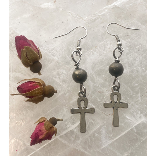Hematite and Ankh Charm Earrings