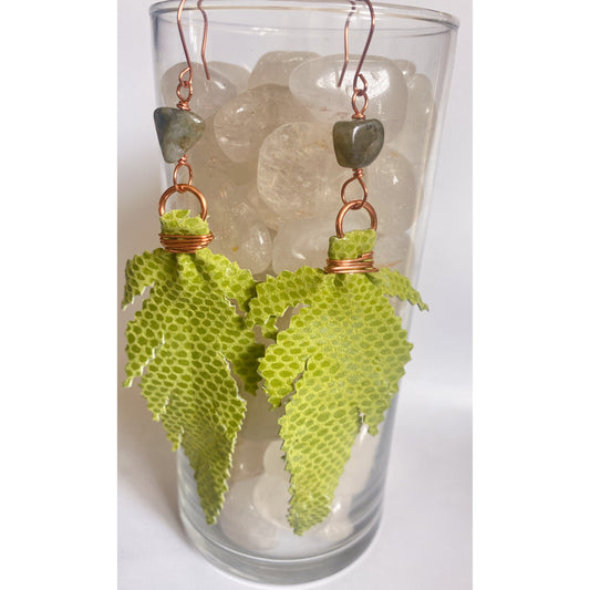 Spring Bloom - Leather & Labradorite Leaf Earrings