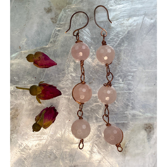 Rose Quartz 3 Bead Earrings