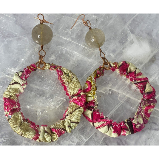 Fabric & Smokey Quartz Earrings