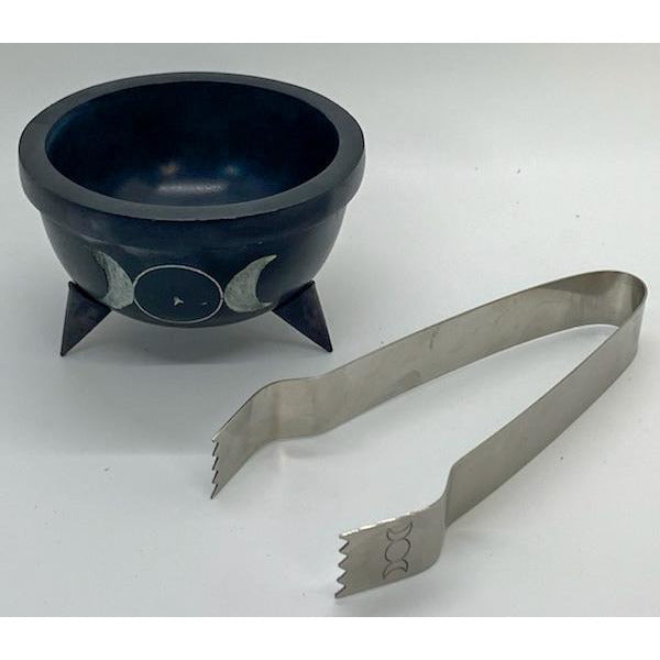 Triple Moon Soapstone Incense Burner and Tong Set