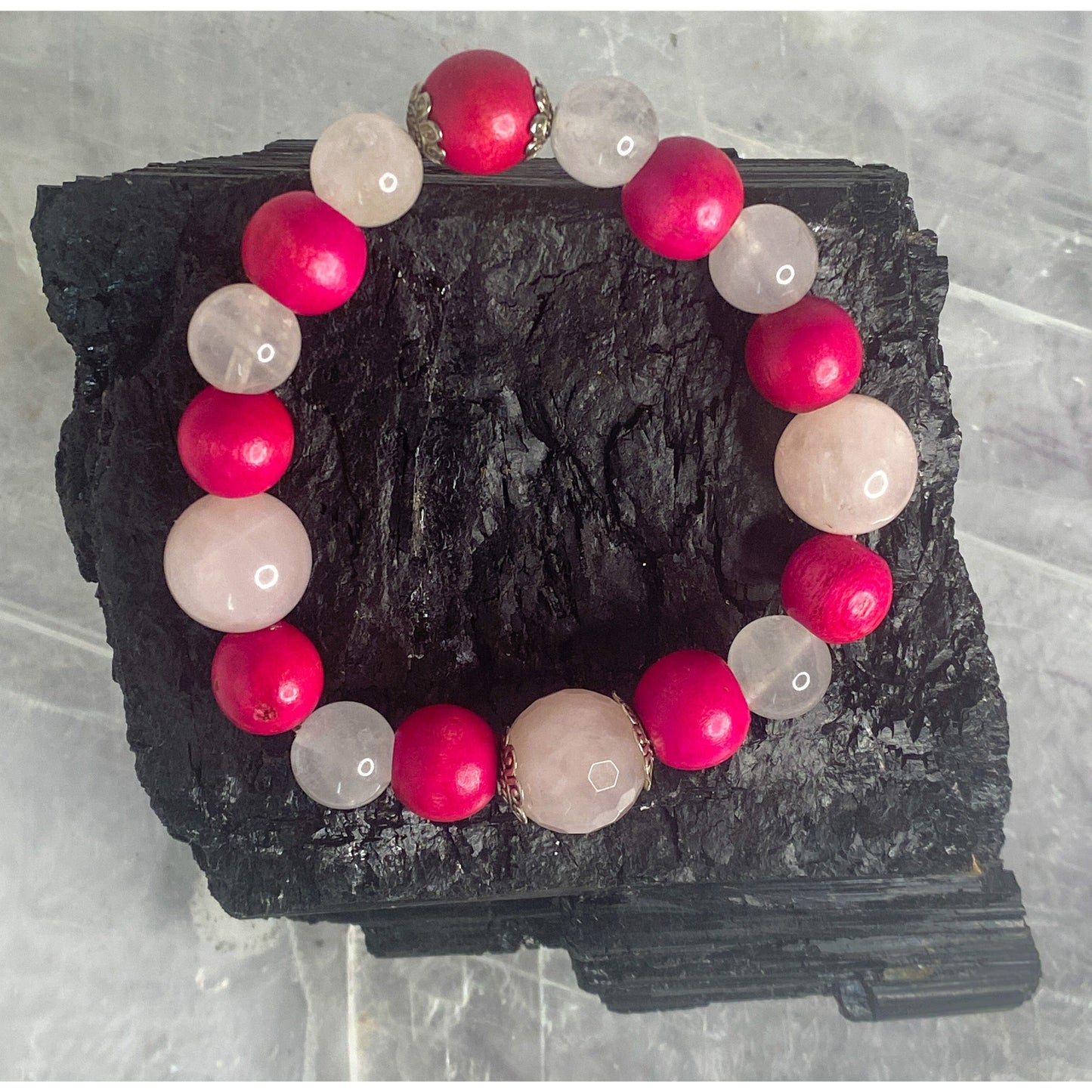 Rose Quartz and Wood Bracelet