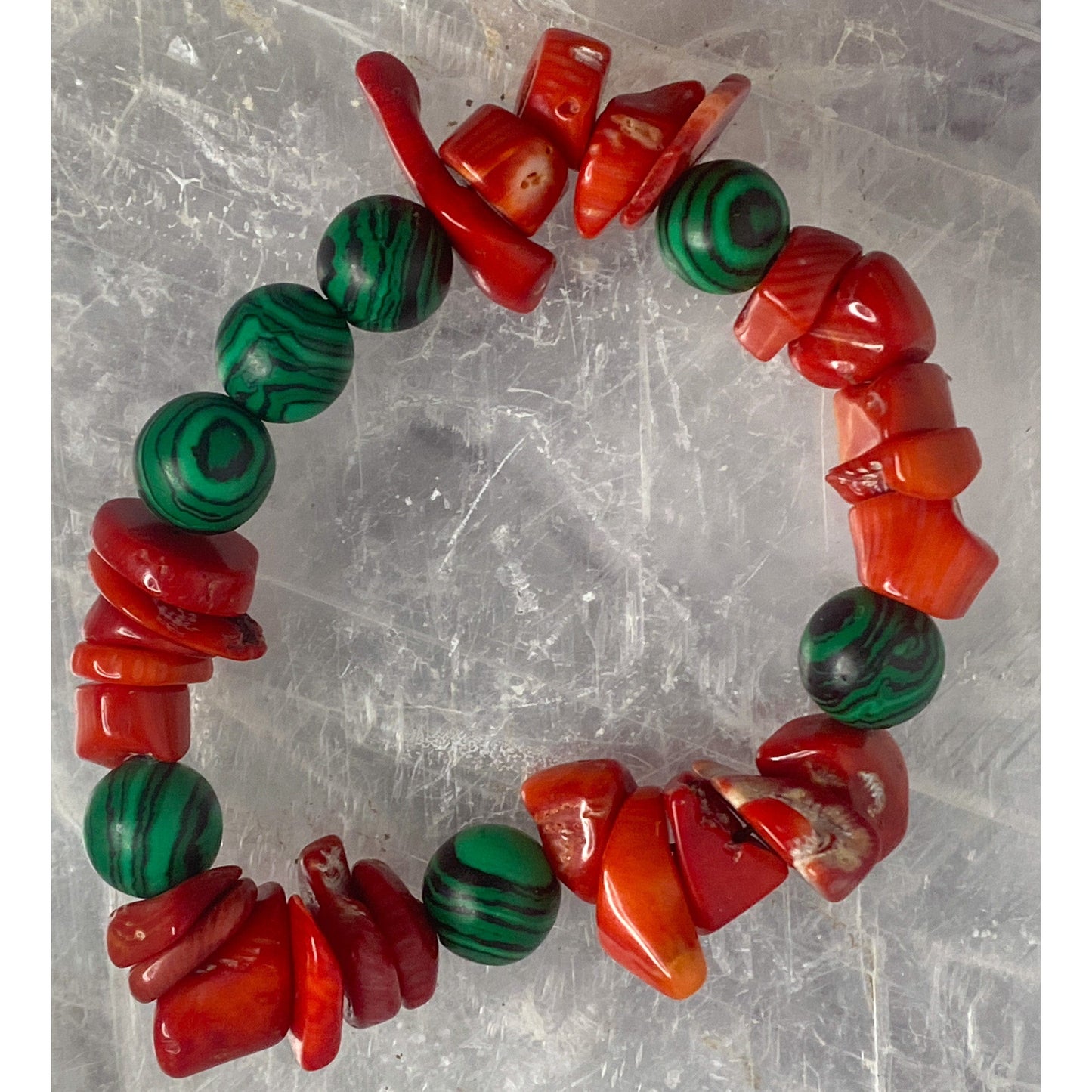 Red Coral & Malachite Bracelet Stretchy Bracelet