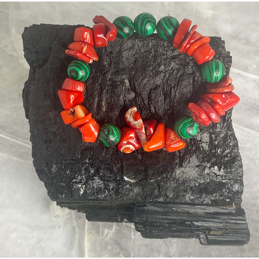 Red Coral & Malachite Bracelet Stretchy Bracelet